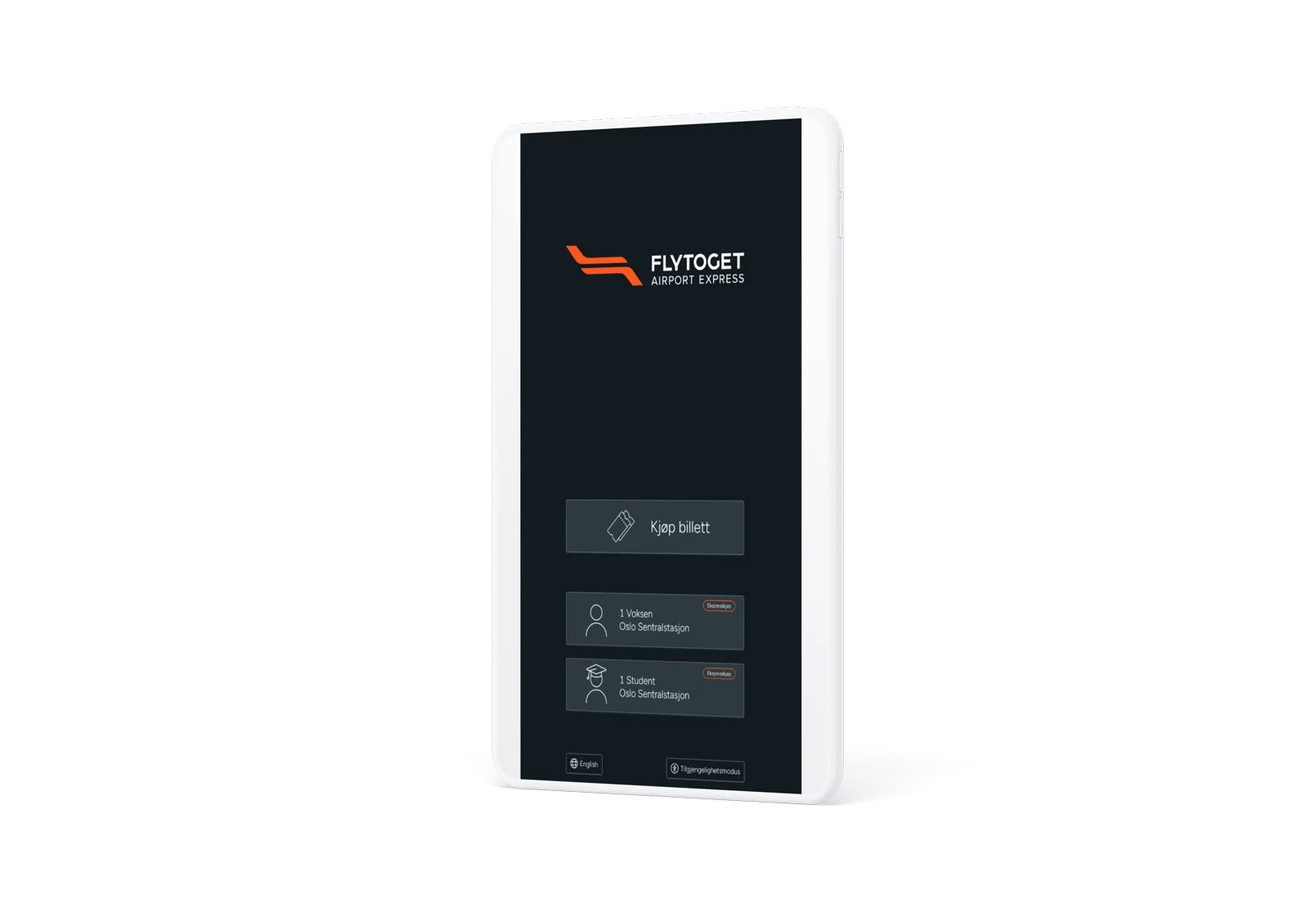 Flytoget ticket vending machine main screen on kiosk hardware