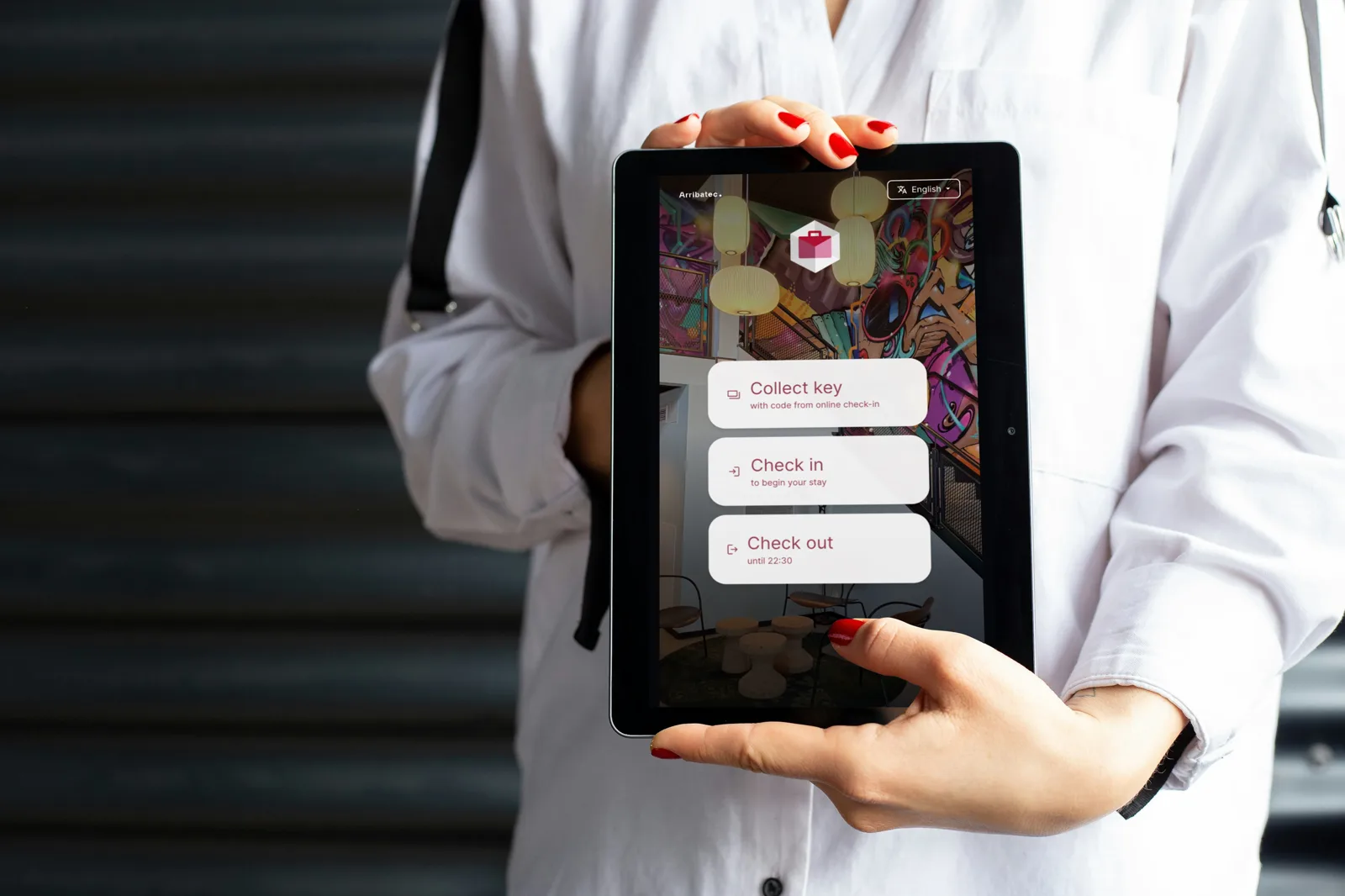 Hotel self-check-in kiosk app on a tablet